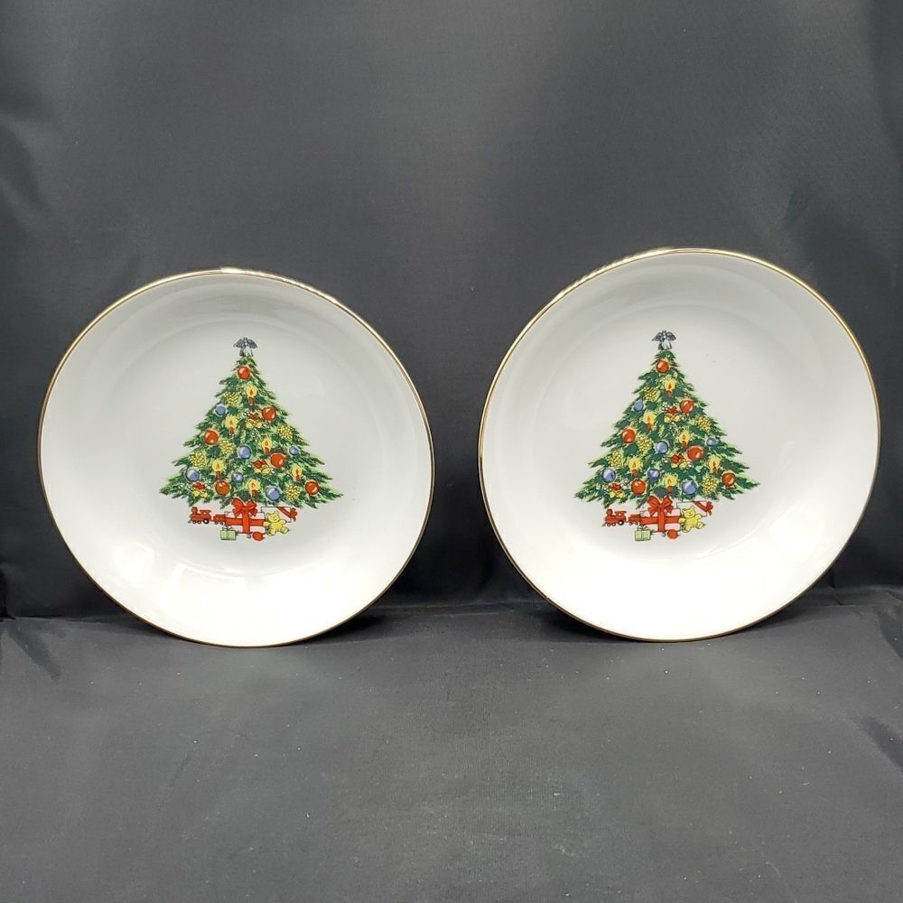 Jamestown China Christmas Tree Soup Cereal Bowl with Gold Trim 7 5" Set of 2